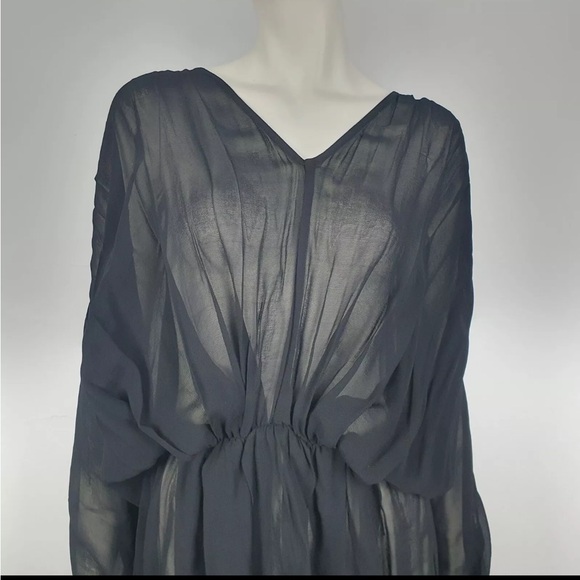 Zimmerman Size 1 (US 6) Black Sheer Short Dress Pleated V Neck Long Sleeves - Picture 2 of 7